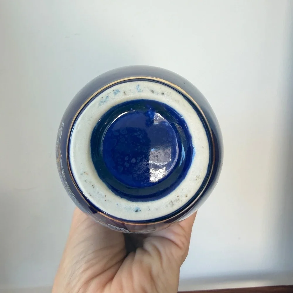 Cobalt Blue Porcelain Peacock Floral Bud Vase with Gold Trim 6.25